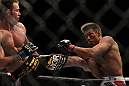 SAITAMA, JAPAN - FEBRUARY 26:  (L-R) Jake Shields kicks Yoshihiro Akiyama during the UFC 144 event at Saitama Super Arena on February 26, 2012 in Saitama, Japan.  (Photo by Josh Hedges/Zuffa LLC/Zuffa LLC via Getty Images) *** Local Caption *** Yoshihiro Akiyama; Jake Shields