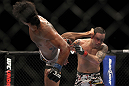 SAITAMA, JAPAN - FEBRUARY 26:  (L-R) Benson Henderson kicks Frankie Edgar during the UFC 144 event at Saitama Super Arena on February 26, 2012 in Saitama, Japan.  (Photo by Josh Hedges/Zuffa LLC/Zuffa LLC via Getty Images) *** Local Caption *** Frankie Edgar; Benson Henderson