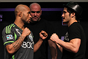 SYDNEY, AUSTRALIA - MARCH 01:  (L-R) Opponents Demetrious Johnson and Ian McCall face off during the UFC on FX press conference at the Star Casino on March 1, 2012 in Sydney, Australia.  (Photo by Josh Hedges/Zuffa LLC/Zuffa LLC via Getty Images) *** Local Caption *** Demetrious Johnson; Ian McCall