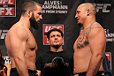 SYDNEY, AUSTRALIA - MARCH 02:  (L-R) Heavyweight opponents Oli Thompson and Shawn Jordan face off after weighing in during the UFC on FX official weigh in at Allphones Arena on March 2, 2012 in Sydney, Australia.  (Photo by Josh Hedges/Zuffa LLC/Zuffa LLC via Getty Images) *** Local Caption *** Oli Thompson; Shawn Jordan