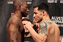 SYDNEY, AUSTRALIA - MARCH 02:  (L-R) Opponents Mackens Semerzier and Daniel Pineda face off after weighing in during the UFC on FX official weigh in at Allphones Arena on March 2, 2012 in Sydney, Australia.  (Photo by Josh Hedges/Zuffa LLC/Zuffa LLC via Getty Images) *** Local Caption *** Mackens Semerzier; Daniel Pineda