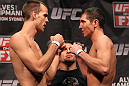 SYDNEY, AUSTRALIA - MARCH 02:  (L-R) Featherweight opponents Cole Miller and Steven Siler face off after weighing in during the UFC on FX official weigh in at Allphones Arena on March 2, 2012 in Sydney, Australia.  (Photo by Josh Hedges/Zuffa LLC/Zuffa LLC via Getty Images) *** Local Caption *** Cole Miller; Steven Siler