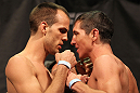 SYDNEY, AUSTRALIA - MARCH 02:  (L-R) Featherweight opponents Cole Miller and Steven Siler face off after weighing in during the UFC on FX official weigh in at Allphones Arena on March 2, 2012 in Sydney, Australia.  (Photo by Josh Hedges/Zuffa LLC/Zuffa LLC via Getty Images) *** Local Caption *** Cole Miller; Steven Siler
