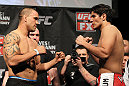 SYDNEY, AUSTRALIA - MARCH 02:  (L-R) Light Heavyweight opponents James Te Huna and Aaron Rosa face off after weighing in during the UFC on FX official weigh in at Allphones Arena on March 2, 2012 in Sydney, Australia.  (Photo by Josh Hedges/Zuffa LLC/Zuffa LLC via Getty Images) *** Local Caption *** James Te Huna; Aaron Rosa