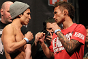 SYDNEY, AUSTRALIA - MARCH 02:  (L-R) Opponents Joseph Benavidez and Yasuhiro Urushitani face off after weighing in during the UFC on FX official weigh in at Allphones Arena on March 2, 2012 in Sydney, Australia.  (Photo by Josh Hedges/Zuffa LLC/Zuffa LLC via Getty Images) *** Local Caption *** Joseph Benavidez; Yasuhiro Urushitani