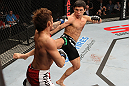 SYDNEY, AUSTRALIA - MARCH 03:  (R-L) Joseph Benavidez kicks Yasuhiro Urushitani in a flyweight bout during the UFC on FX event at Allphones Arena on March 3, 2012 in Sydney, Australia.  (Photo by Josh Hedges/Zuffa LLC/Zuffa LLC via Getty Images) *** Local Caption *** Joseph Benavidez; Yasuhiro Urushitani