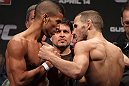 STOCKHOLM, SWEDEN - APRIL 13:  (L-R) Featherweight opponents Jason Young and Eric Wisely face off after weighing in during the official UFC on Fuel TV weigh in event at Ericsson Globe on April 13, 2012 in Stockholm, Sweden.  (Photo by Josh Hedges/Zuffa LLC/Zuffa LLC via Getty Images)