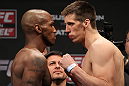 STOCKHOLM, SWEDEN - APRIL 13:  (L-R) Middleweight opponents Francis Carmont and Magnus Cedenblad face off after weighing in during the official UFC on Fuel TV weigh in event at Ericsson Globe on April 13, 2012 in Stockholm, Sweden.  (Photo by Josh Hedges/Zuffa LLC/Zuffa LLC via Getty Images)