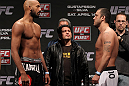 STOCKHOLM, SWEDEN - APRIL 13:  (L-R) Light heavyweight opponents Cyrille Diabate and Tom DeBlass face off after weighing in during the official UFC on Fuel TV weigh in event at Ericsson Globe on April 13, 2012 in Stockholm, Sweden.  (Photo by Josh Hedges/Zuffa LLC/Zuffa LLC via Getty Images)