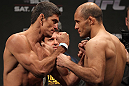 STOCKHOLM, SWEDEN - APRIL 13:  (L-R) Welterweight opponents Paulo Thiago and Siyar Bahadurzada face off after weighing in during the official UFC on Fuel TV weigh in event at Ericsson Globe on April 13, 2012 in Stockholm, Sweden.  (Photo by Josh Hedges/Zuffa LLC/Zuffa LLC via Getty Images)