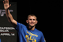 STOCKHOLM, SWEDEN - APRIL 13:  Alexander Gustafsson of Sweden salutes his hometown crowd during the official UFC on Fuel TV weigh in event at Ericsson Globe on April 13, 2012 in Stockholm, Sweden.  (Photo by Josh Hedges/Zuffa LLC/Zuffa LLC via Getty Images)