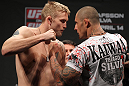 STOCKHOLM, SWEDEN - APRIL 13:  (L-R) Light heavyweight opponents Alexander Gustafsson of Sweden and Thiago Silva of Brazil face off aftering weighing in during the official UFC on Fuel TV weigh in event at Ericsson Globe on April 13, 2012 in Stockholm, Sweden.  (Photo by Josh Hedges/Zuffa LLC/Zuffa LLC via Getty Images)