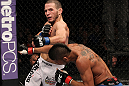 STOCKHOLM, SWEDEN - APRIL 14:  (L-R) Eric Wisely trades punches with Jason Young during their featherweight bout at the UFC on Fuel TV event at Ericsson Globe on April 14, 2012 in Stockholm, Sweden.  (Photo by Josh Hedges/Zuffa LLC/Zuffa LLC via Getty Images)