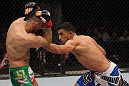 STOCKHOLM, SWEDEN - APRIL 14:  (R-L) Yoislandy Izquierdo punches Reza Madadi during their lightweight bout at the UFC on Fuel TV event at Ericsson Globe on April 14, 2012 in Stockholm, Sweden.  (Photo by Josh Hedges/Zuffa LLC/Zuffa LLC via Getty Images)