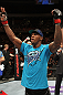 STOCKHOLM, SWEDEN - APRIL 14: (L-R) Francis Carmont is declared the winner in his fight over Magnus Cedenblad at the UFC on Fuel TV event at Ericsson Globe on April 14, 2012 in Stockholm, Sweden. (Photo by Josh Hedges/Zuffa LLC/Zuffa LLC via Getty Images)