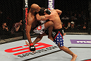 STOCKHOLM, SWEDEN - APRIL 14:  (R-L) Tom DeBlass takes down Cyrille Diabate during their light heavyweight bout at the UFC on Fuel TV event at Ericsson Globe on April 14, 2012 in Stockholm, Sweden.  (Photo by Josh Hedges/Zuffa LLC/Zuffa LLC via Getty Images)