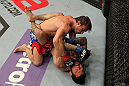 STOCKHOLM, SWEDEN - APRIL 14:  (L-R) Brad Pickett punches Damacio Page during their bantamweight bout at the UFC on Fuel TV event at Ericsson Globe on April 14, 2012 in Stockholm, Sweden.  (Photo by Josh Hedges/Zuffa LLC/Zuffa LLC via Getty Images)