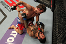 STOCKHOLM, SWEDEN - APRIL 14:  (L-R) Brad Pickett punches Damacio Page during their bantamweight bout at the UFC on Fuel TV event at Ericsson Globe on April 14, 2012 in Stockholm, Sweden.  (Photo by Josh Hedges/Zuffa LLC/Zuffa LLC via Getty Images)