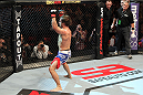 STOCKHOLM, SWEDEN - APRIL 14:  Brad Pickett reacts after defeating Damacio Page in a bantamweight bout at the UFC on Fuel TV event at Ericsson Globe on April 14, 2012 in Stockholm, Sweden.  (Photo by Josh Hedges/Zuffa LLC/Zuffa LLC via Getty Images)