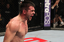 STOCKHOLM, SWEDEN - APRIL 14:  John Maguire reacts after defeating DaMarques Johnson in a welterweight bout at the UFC on Fuel TV event at Ericsson Globe on April 14, 2012 in Stockholm, Sweden.  (Photo by Josh Hedges/Zuffa LLC/Zuffa LLC via Getty Images)
