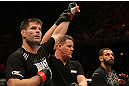 STOCKHOLM, SWEDEN - APRIL 14:  Brian Stann (L) reacts after defeating Alessio Sakara (R) by TKO in a middleweight bout at the UFC on Fuel TV event at Ericsson Globe on April 14, 2012 in Stockholm, Sweden.  (Photo by Josh Hedges/Zuffa LLC/Zuffa LLC via Getty Images)