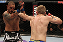 STOCKHOLM, SWEDEN - APRIL 14:  (R-L) Alexander Gustafsson punches Thiago Silva during their light heavyweight bout at the UFC on Fuel TV event at Ericsson Globe on April 14, 2012 in Stockholm, Sweden.  (Photo by Josh Hedges/Zuffa LLC/Zuffa LLC via Getty Images)