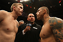 STOCKHOLM, SWEDEN - APRIL 14:  Main event opponents Alexander Gustafsson (L) and Thiago Silva (R) face off before their light heavyweight bout at the UFC on Fuel TV event at Ericsson Globe on April 14, 2012 in Stockholm, Sweden.  (Photo by Josh Hedges/Zuffa LLC/Zuffa LLC via Getty Images)