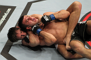 STOCKHOLM, SWEDEN - APRIL 14:  (L-R) Simeon Thoresen secures a rear choke submission against Besam Yousef during their welterweight bout at the UFC on Fuel TV event at Ericsson Globe on April 14, 2012 in Stockholm, Sweden.  (Photo by Josh Hedges/Zuffa LLC/Zuffa LLC via Getty Images)