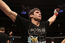 STOCKHOLM, SWEDEN - APRIL 14:  Simeon Thoresen reacts after defeating Besam Yousef by submission during their welterweight bout at the UFC on Fuel TV event at Ericsson Globe on April 14, 2012 in Stockholm, Sweden.  (Photo by Josh Hedges/Zuffa LLC/Zuffa LLC via Getty Images)