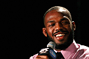 ATLANTA, GA - APRIL 18:  Jon Jones converses with the media during the press conference for his UFC 145 bout against Rashad Evans at Park Tavern on April 18, 2012 in Atlanta, Georgia.  (Photo by Kevin C. Cox/Zuffa LLC/Zuffa LLC via Getty Images)