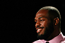 ATLANTA, GA - APRIL 18:  Jon Jones converses with the media during the press conference for his UFC 145 bout against Rashad Evans at Park Tavern on April 18, 2012 in Atlanta, Georgia.  (Photo by Kevin C. Cox/Zuffa LLC/Zuffa LLC via Getty Images)