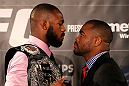 ATLANTA, GA - APRIL 18:  Jon Jones and Rashad Evans square off during the press conference for their UFC 145 between Jones v Evans at Park Tavern on April 18, 2012 in Atlanta, Georgia.  (Photo by Kevin C. Cox/Zuffa LLC/Zuffa LLC via Getty Images)