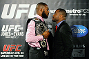 ATLANTA, GA - APRIL 18:  Jon Jones and Rashad Evans square off during the press conference for their UFC 145 bout at Park Tavern on April 18, 2012 in Atlanta, Georgia.  (Photo by Kevin C. Cox/Zuffa LLC/Zuffa LLC via Getty Images)