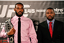 ATLANTA, GA - APRIL 18:  Jon Jones and Rashad Evans square off during the press conference for their UFC 145 bout at Park Tavern on April 18, 2012 in Atlanta, Georgia.  (Photo by Kevin C. Cox/Zuffa LLC/Zuffa LLC via Getty Images)