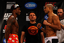 ATLANTA, GA - APRIL 20:  Featherweight fighters Marcus Brimage and Maximo Blanco square off during the UFC 145 official weigh in at Fox Theatre on April 20, 2012 in Atlanta, Georgia.  (Photo by Al Bello/Zuffa LLC/Zuffa LLC via Getty Images)