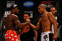 ATLANTA, GA - APRIL 20:  Featherweight fighters Marcus Brimage and Maximo Blanco square off during the UFC 145 official weigh in at Fox Theatre on April 20, 2012 in Atlanta, Georgia.  (Photo by Al Bello/Zuffa LLC/Zuffa LLC via Getty Images)
