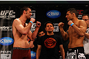 ATLANTA, GA - APRIL 20:  Welterweight fighters Keith Wisniewski (L) and Chris Clements square off during the UFC 145 official weigh in at Fox Theatre on April 20, 2012 in Atlanta, Georgia.  (Photo by Al Bello/Zuffa LLC/Zuffa LLC via Getty Images)
