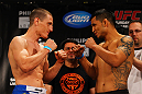 ATLANTA, GA - APRIL 20:  Leightweight fighters Mac Danzig (L) and Efrain Escudero square off during the UFC 145 official weigh in at Fox Theatre on April 20, 2012 in Atlanta, Georgia.  (Photo by Al Bello/Zuffa LLC/Zuffa LLC via Getty Images)