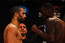 ATLANTA, GA - APRIL 20:  Lightweight fighters John Makdessi (L) and Anthony Njokuani square off during the UFC 145 official weigh in at Fox Theatre on April 20, 2012 in Atlanta, Georgia.  (Photo by Al Bello/Zuffa LLC/Zuffa LLC via Getty Images)