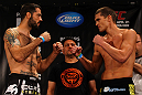 ATLANTA, GA - APRIL 20:  Welterweight fighters Matt Brown and Stephen Thompson square off during the UFC 145 official weigh in at Fox Theatre on April 20, 2012 in Atlanta, Georgia.  (Photo by Al Bello/Zuffa LLC/Zuffa LLC via Getty Images)
