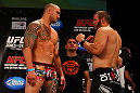 ATLANTA, GA - APRIL 20:  Heavyweight fighters Travis Browne (L)  and Chad Griggs square off during the UFC 145 official weigh in at Fox Theatre on April 20, 2012 in Atlanta, Georgia.  (Photo by Al Bello/Zuffa LLC/Zuffa LLC via Getty Images)