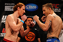 ATLANTA, GA - APRIL 20:  Lightweight fighters Mark Bocek (L) and John Alessio square off during the UFC 145 official weigh in at Fox Theatre on April 20, 2012 in Atlanta, Georgia.  (Photo by Al Bello/Zuffa LLC/Zuffa LLC via Getty Images)