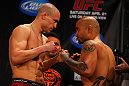 ATLANTA, GA - APRIL 20:  Featherweight fighters Mark Hominick (L) and Eddie Yagin square off during the UFC 145 official weigh in at Fox Theatre on April 20, 2012 in Atlanta, Georgia.  (Photo by Al Bello/Zuffa LLC/Zuffa LLC via Getty Images)