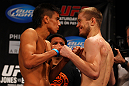 ATLANTA, GA - APRIL 20:  Bantamweight fighters Miguel Angel Torres (L) and Michael McDonald square off during the UFC 145 official weigh in at Fox Theatre on April 20, 2012 in Atlanta, Georgia.  (Photo by Al Bello/Zuffa LLC/Zuffa LLC via Getty Images)