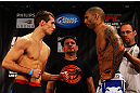 ATLANTA, GA - APRIL 20:  Welterweight fighters Rory MacDonald (L) and Che Mills square off during the UFC 145 official weigh in at Fox Theatre on April 20, 2012 in Atlanta, Georgia.  (Photo by Al Bello/Zuffa LLC/Zuffa LLC via Getty Images)