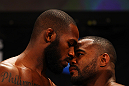 ATLANTA, GA - APRIL 20:  Jon Jones (L) and Rashad Evans face off during the UFC 145 official weigh in at Fox Theatre on April 20, 2012 in Atlanta, Georgia.  (Photo by Al Bello/Zuffa LLC/Zuffa LLC via Getty Images)