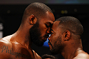 ATLANTA, GA - APRIL 20:  Lightheavyweight fighters Jon Jones (L) and Rashad Evans face off during the UFC 145 official weigh in at Fox Theatre on April 20, 2012 in Atlanta, Georgia.  (Photo by Al Bello/Zuffa LLC/Zuffa LLC via Getty Images)