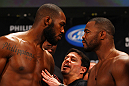 ATLANTA, GA - APRIL 20:  Jon Jones (L) and Rashad Evans face off during the UFC 145 official weigh in at Fox Theatre on April 20, 2012 in Atlanta, Georgia.  (Photo by Al Bello/Zuffa LLC/Zuffa LLC via Getty Images)