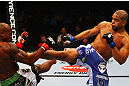 ATLANTA, GA - APRIL 21:  Maximo Blanco (R) kicks Marcus Brimage during their featherweight bout for UFC 145 at Philips Arena on April 21, 2012 in Atlanta, Georgia.  (Photo by Al Bello/Zuffa LLC/Zuffa LLC via Getty Images)