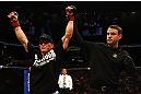 ATLANTA, GA - APRIL 21:  Mac Danzig (L) celebrates defeating Efrain Escudero by unanimous decision during their lightweight bout for UFC 145 at Philips Arena on April 21, 2012 in Atlanta, Georgia.  (Photo by Al Bello/Zuffa LLC/Zuffa LLC via Getty Images)
